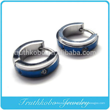 TKB-E0056 Men's Stainless Steel Stud Hoop huggie Earrings Silver Blue Striped Unique Polished